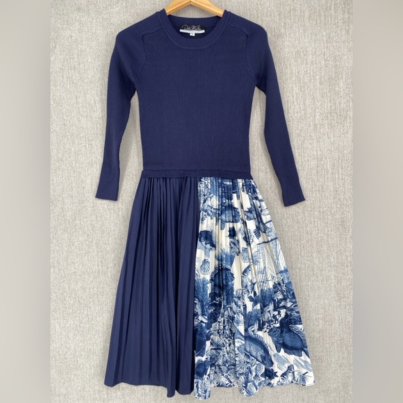 Dalia Macphee Dress Womens Large Blue Sweater Fit Flare Ribbed Pleated Knit  L/S
